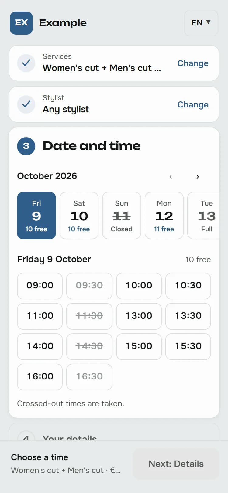 A hair salon's booking page on a phone, at the step for choosing a date and a free time.