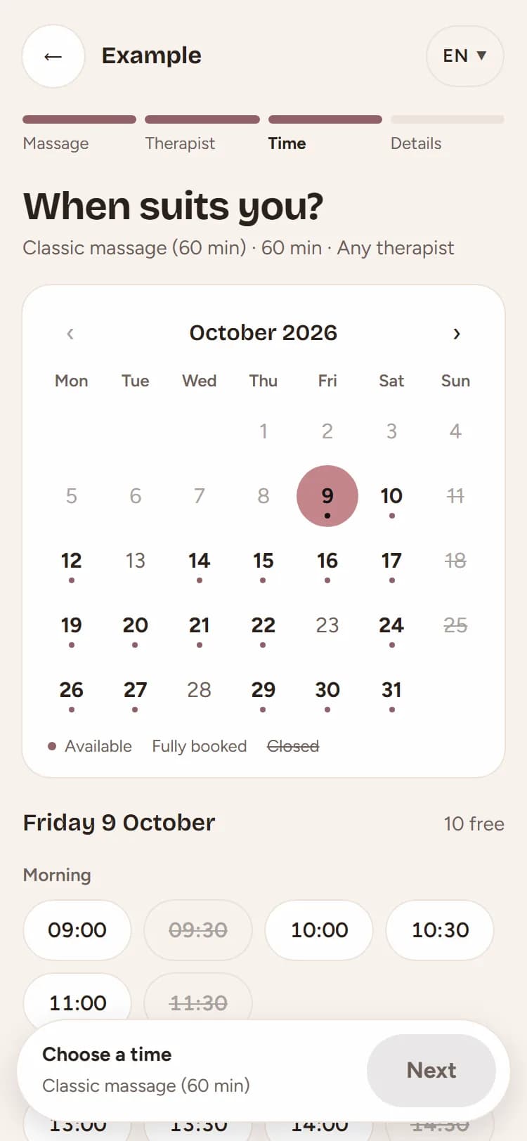 A massage booking page on a phone, at the step for choosing a date and a free time.