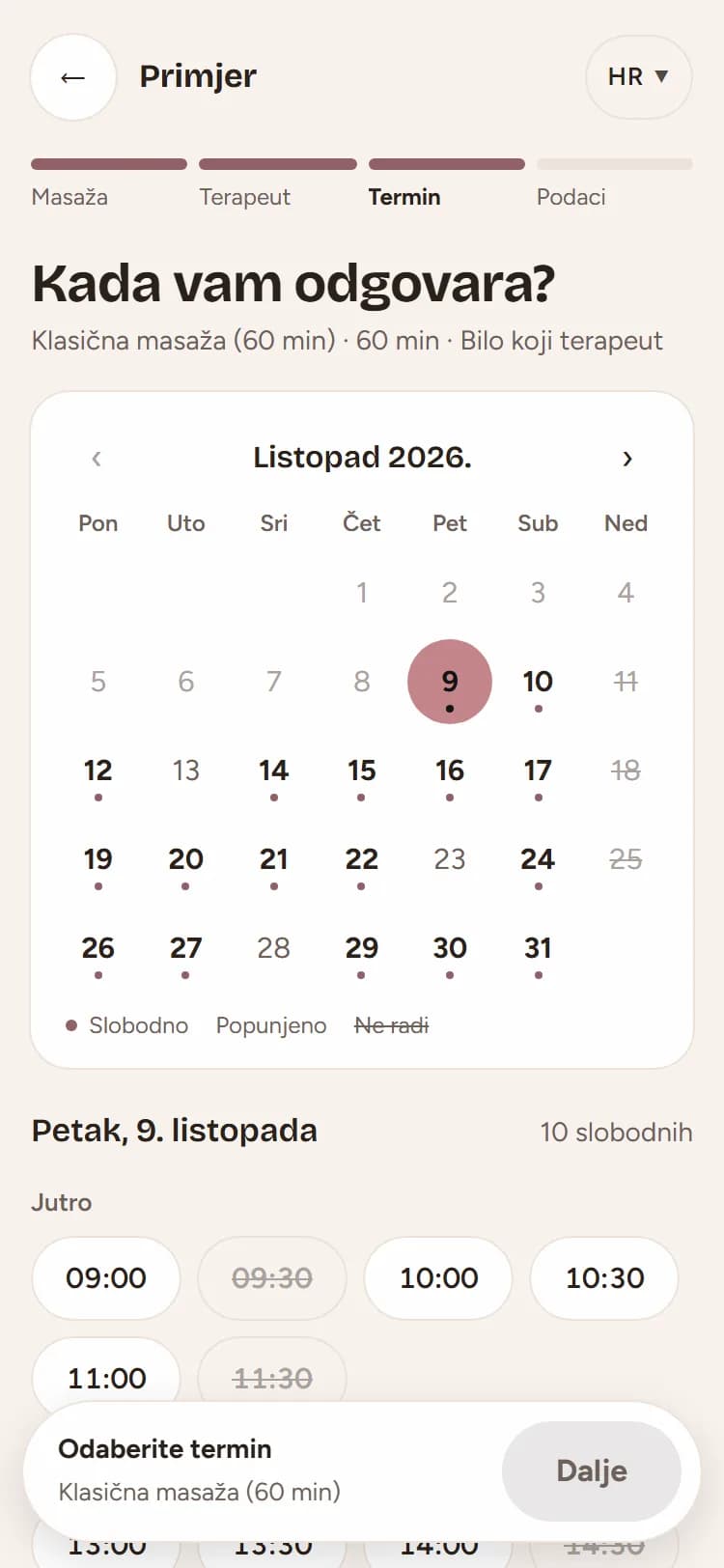 Booking stranica za masaže na mobitelu, na koraku izbora datuma i slobodnog termina.
