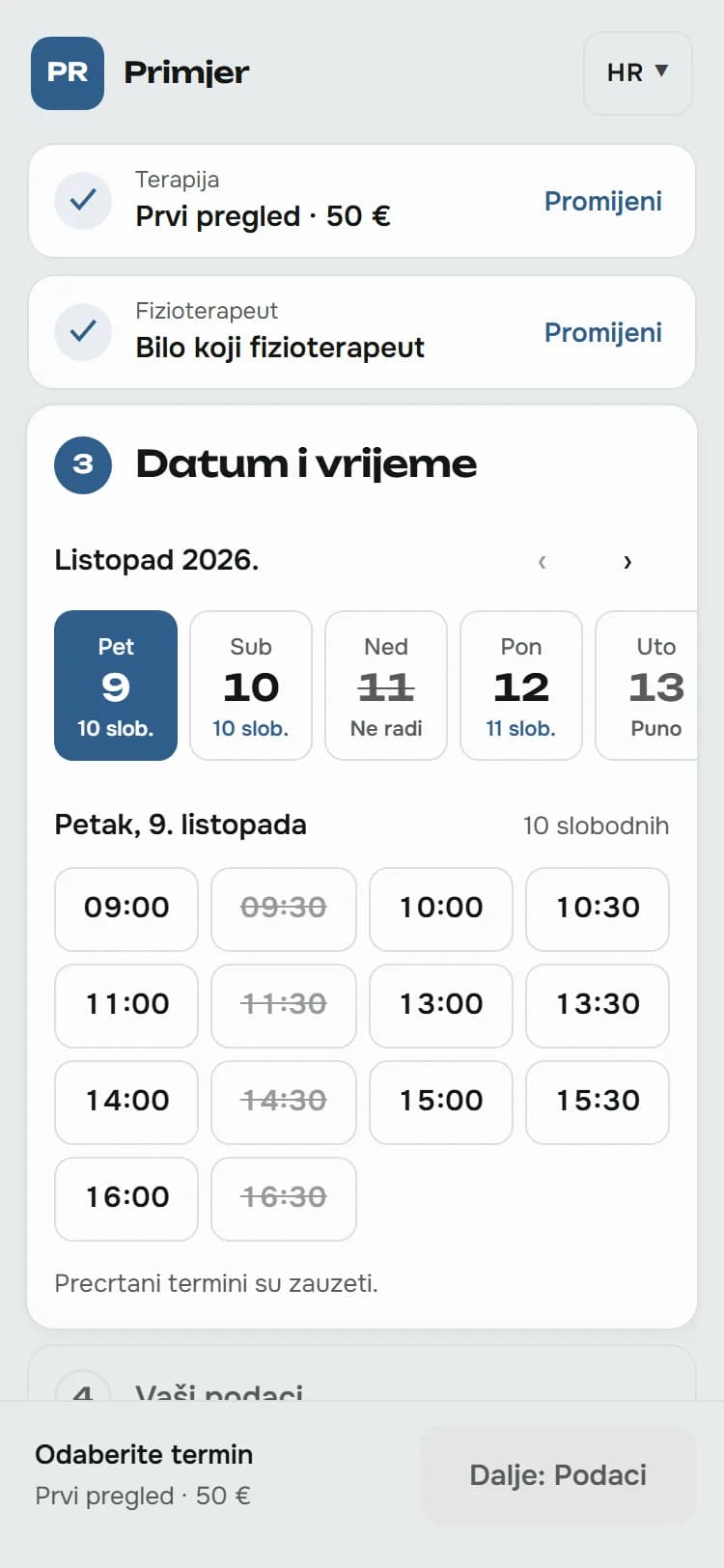 Booking stranica za fizioterapiju na mobitelu, na koraku izbora datuma i slobodnog termina.
