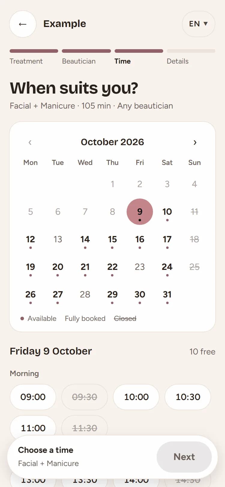 A beauty salon's booking page on a phone, at the step for choosing a date and a free time.